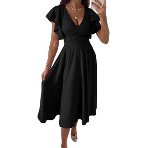 Short Ruffle Sleeve Stylish Elegant Wrap V Neck Waist Gathered Midi Dress